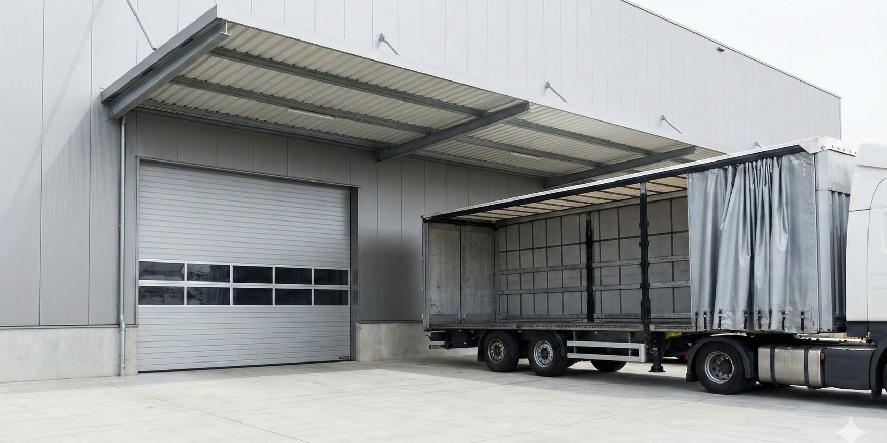 Modern logistics hall with a large canopy and ground-level sectional door, in front of it a truck with an open side tarpaulin